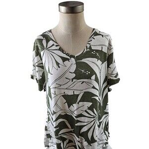 PHILOSOPHY Women sz XL Olive Green Tropical V Neck Knit Tee Shirt Top